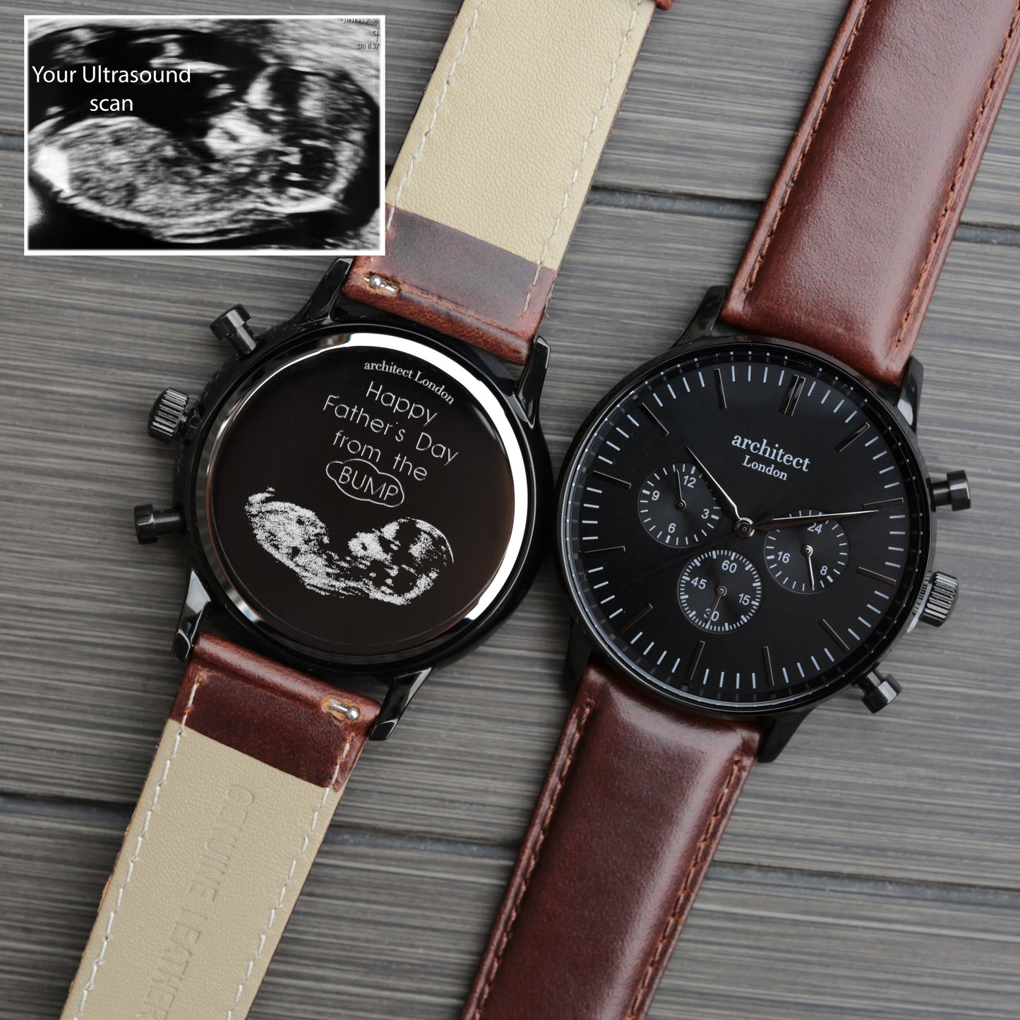 Handwriting Men's Watch Baby Scan - Architect Motivator Black with Walnut Strap