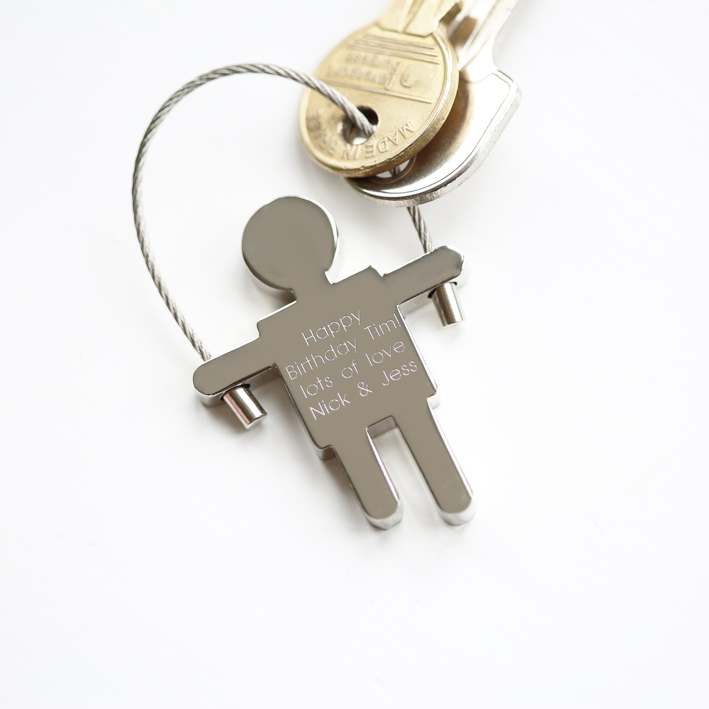 Engraved Modern Font Keyring Skipping Sam or Sally