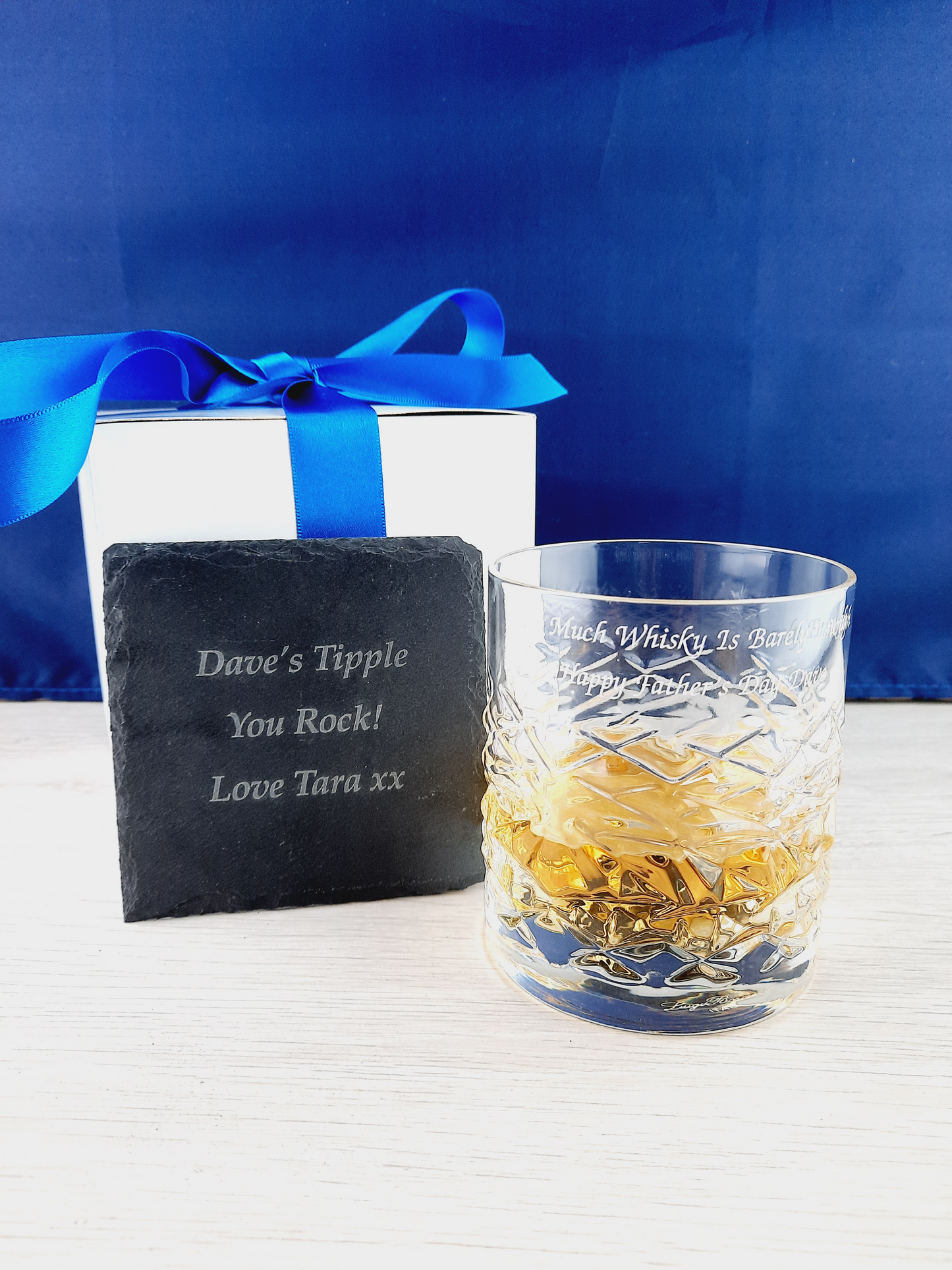 Personalised Engraved Whisky Glass & Coaster Gift Set, Crystal Cut Whisky Glass