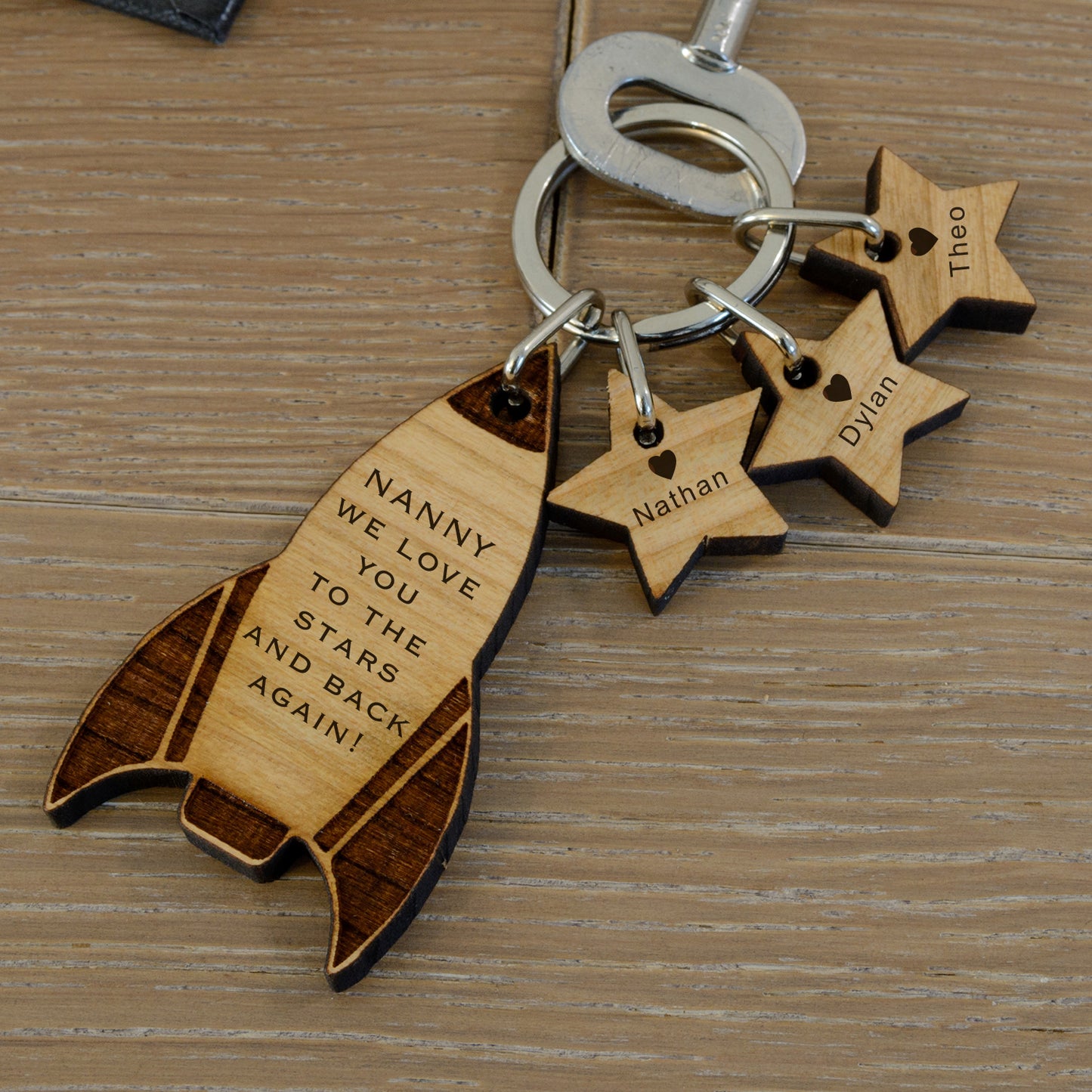 Personalised Solid Cherry Wood Mummy Daddy Rocket Key Ring