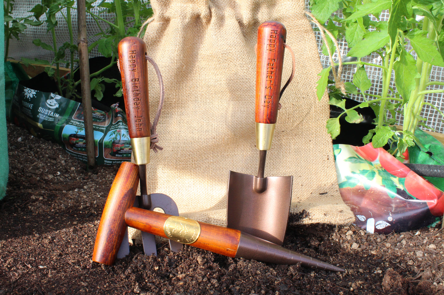 Personalised Garden Tool Set of Fork Trowel Dibber Gift