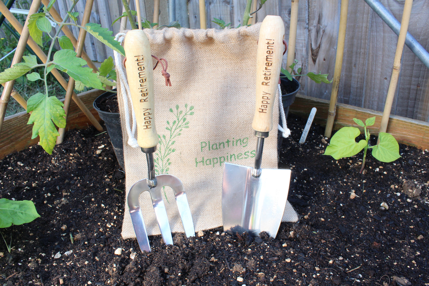 Hand held garden trowel and fork personalised garden gift