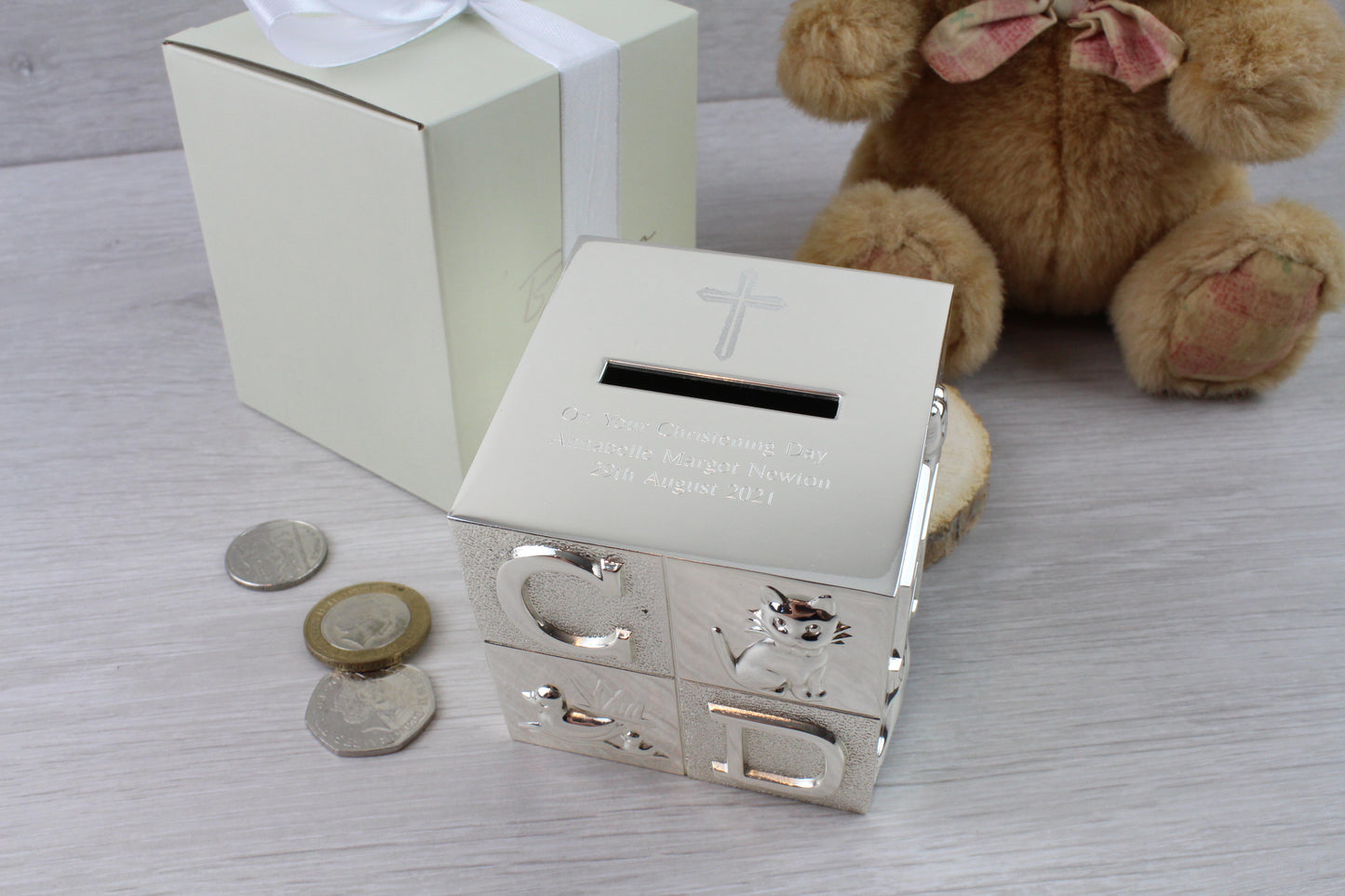 Silver ABC money box with cross, crucifix
