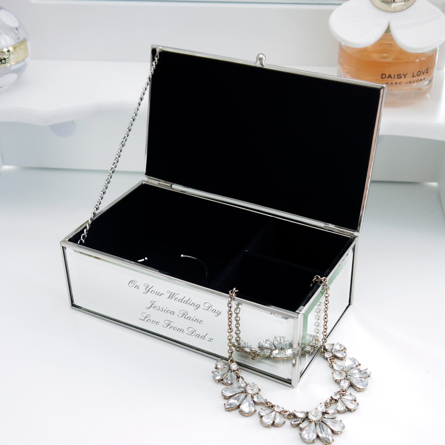 Personalised Gift Mirrored Jewellery Box Engraved with your message, Wedding Day, Valentines or Mother's Day Gift