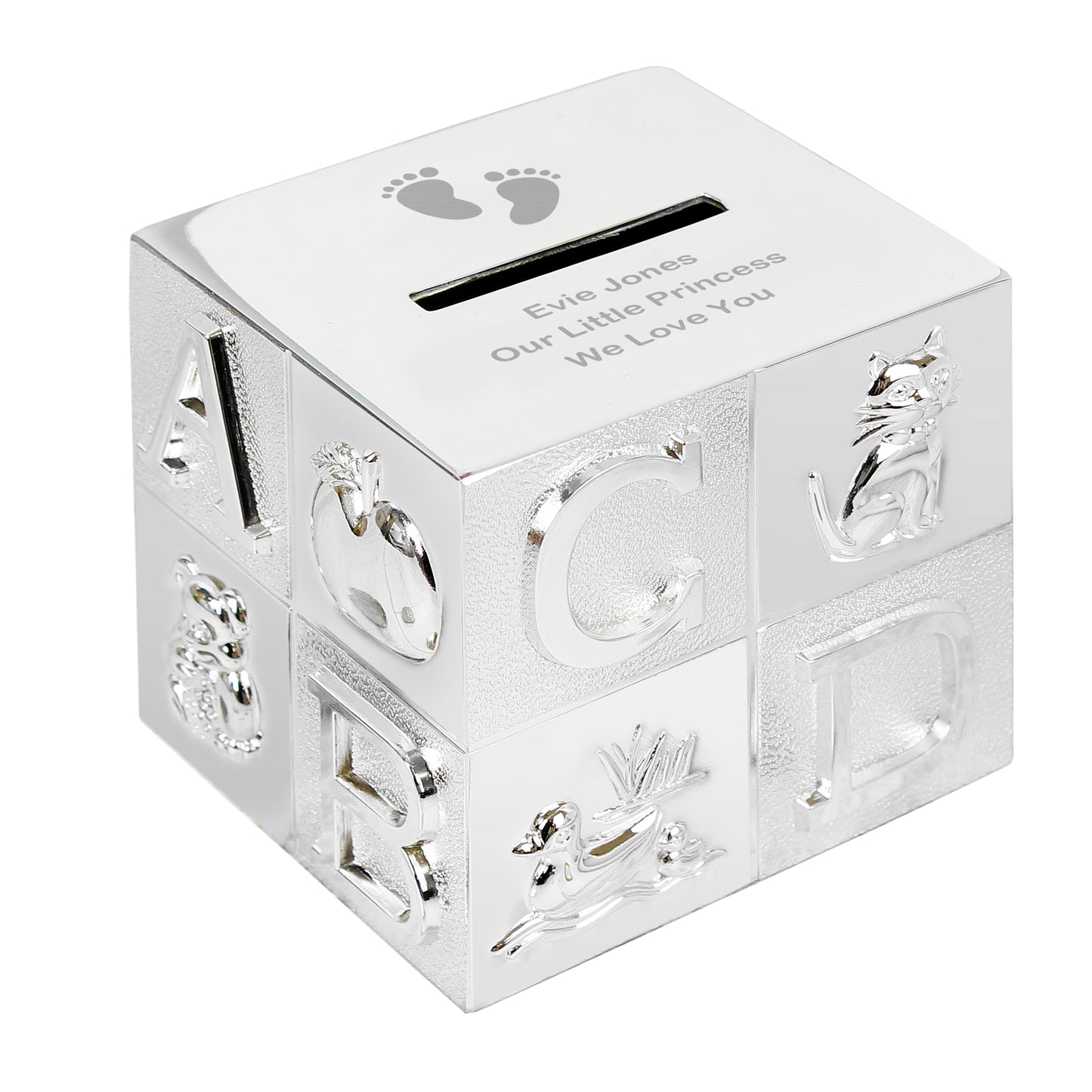 Baby footprint ABC money box silver plated