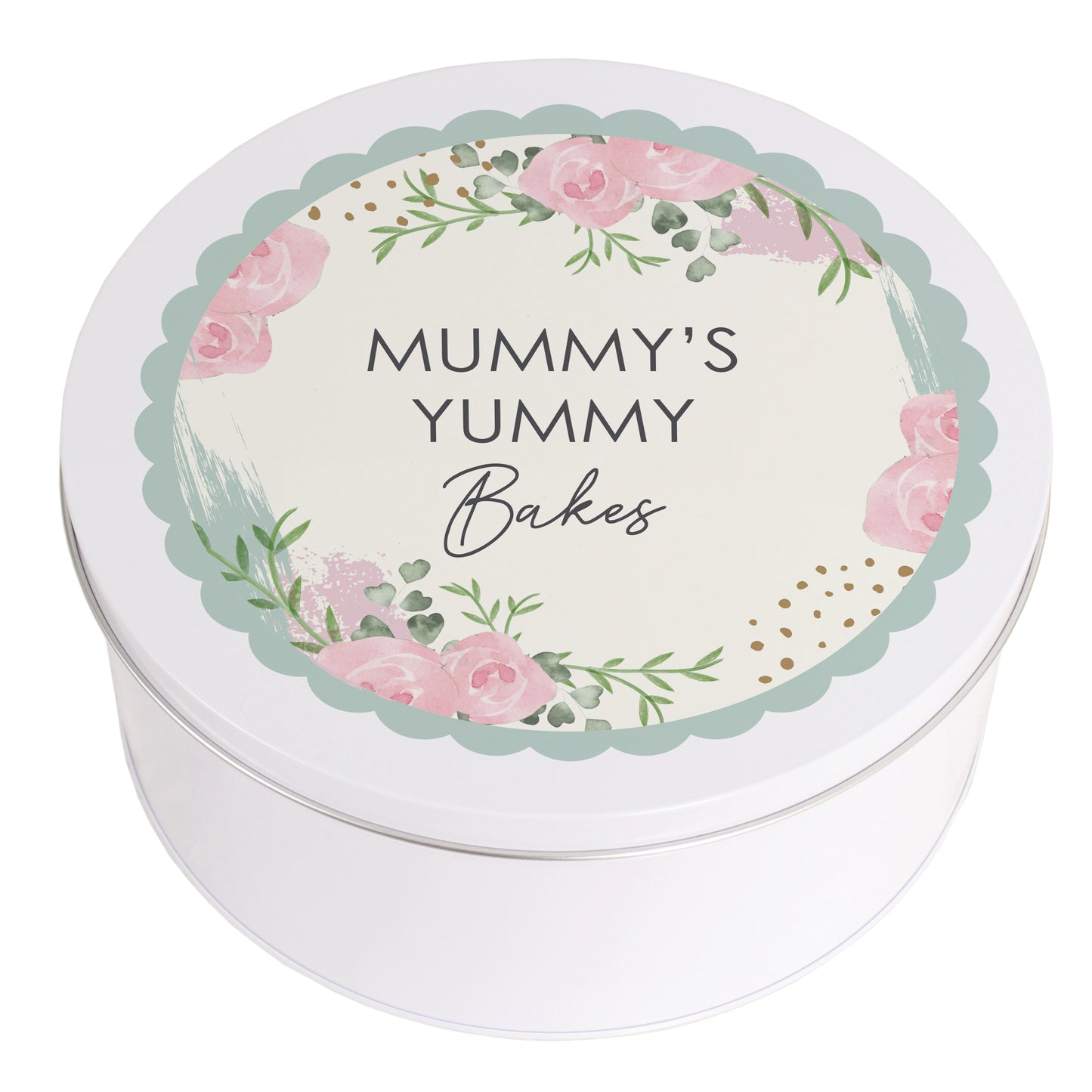 Personalised Cake Tin Rose that says "MUMMY'S YUMMY Bakes"