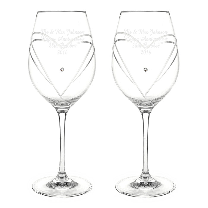Personalised Hand Cut Diamante Heart Wine Glasses