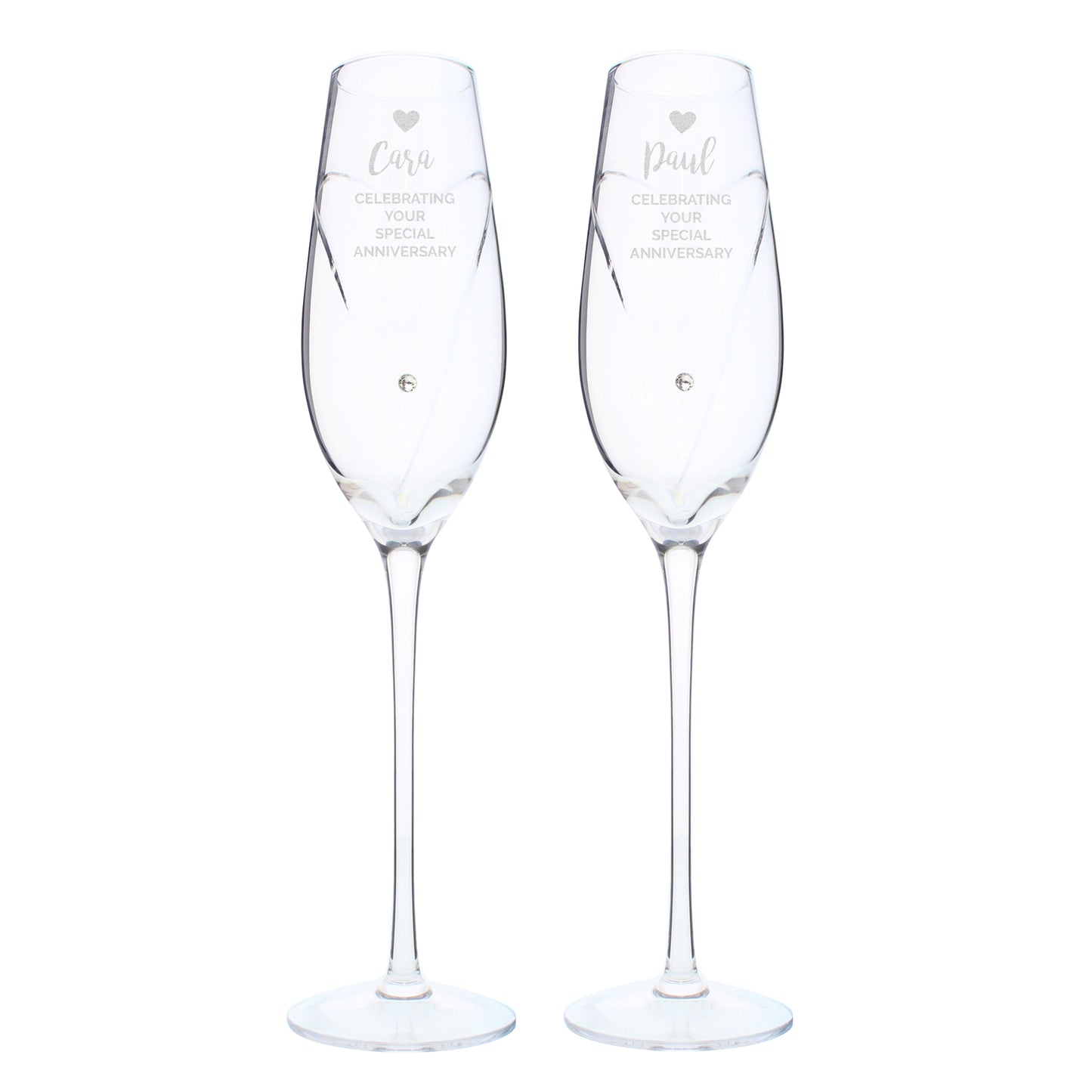 Personalised Hand Cut Heart Celebration Flutes with Diamante