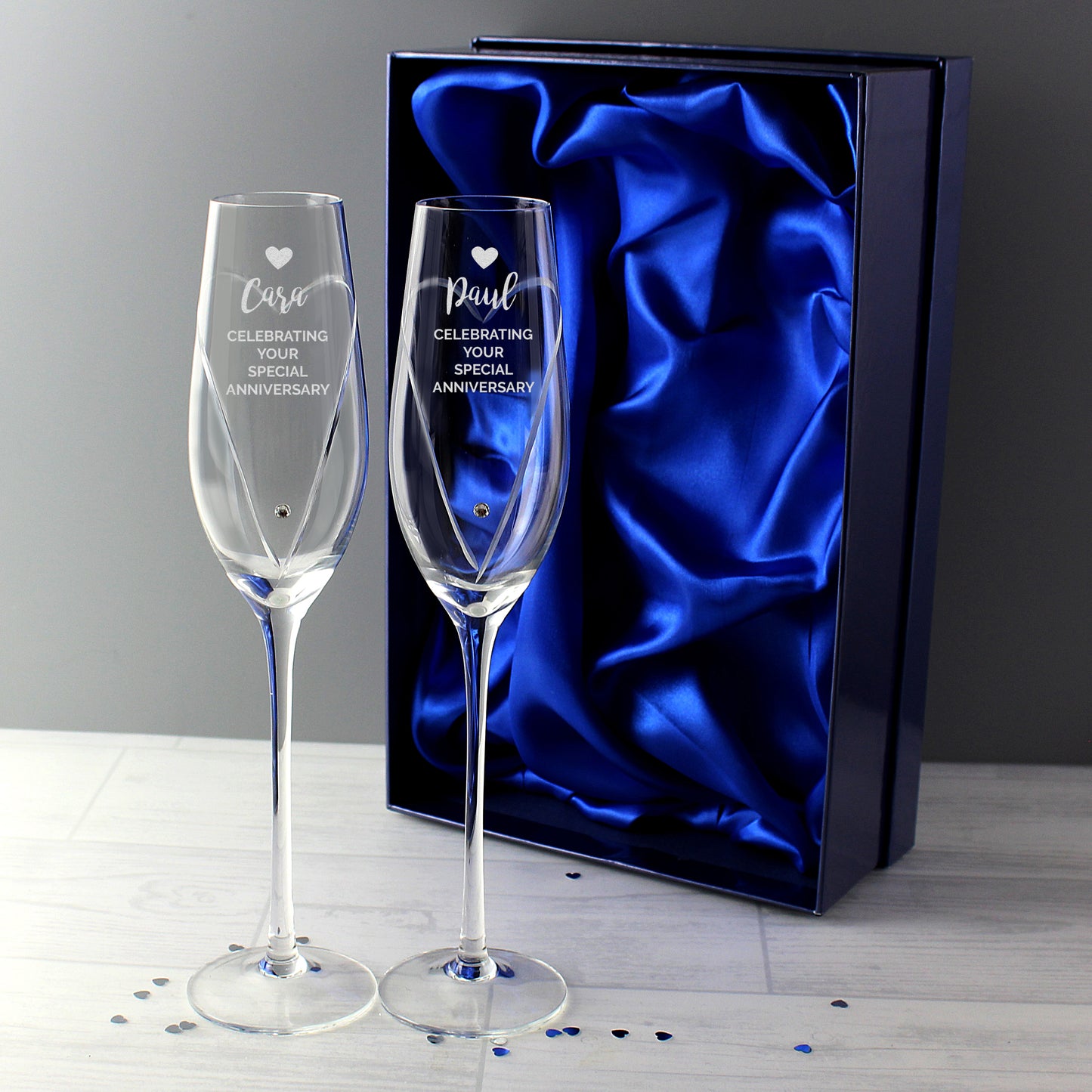 Personalised Hand Cut Heart Celebration Flutes with Diamante