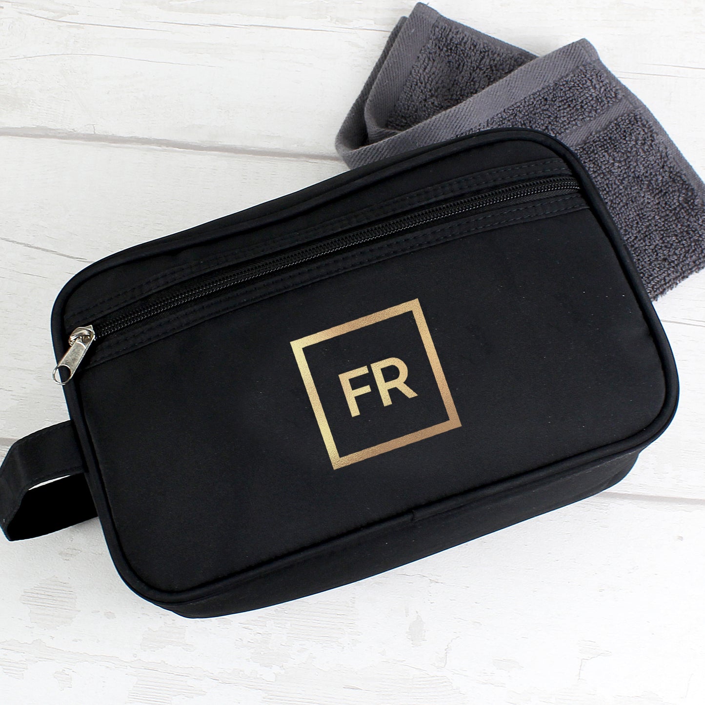 Personalised Gold Initials Black Wash Bag