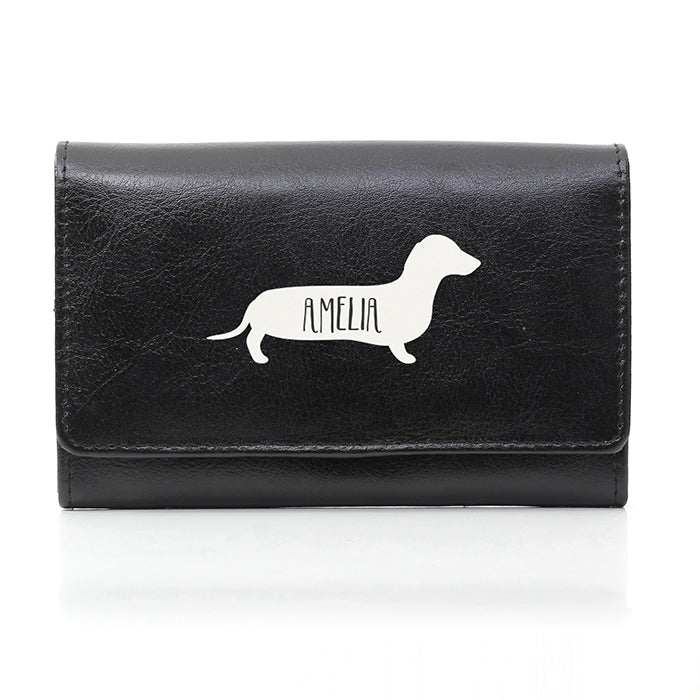 Personalised Sausage Dog Black Leather Purse