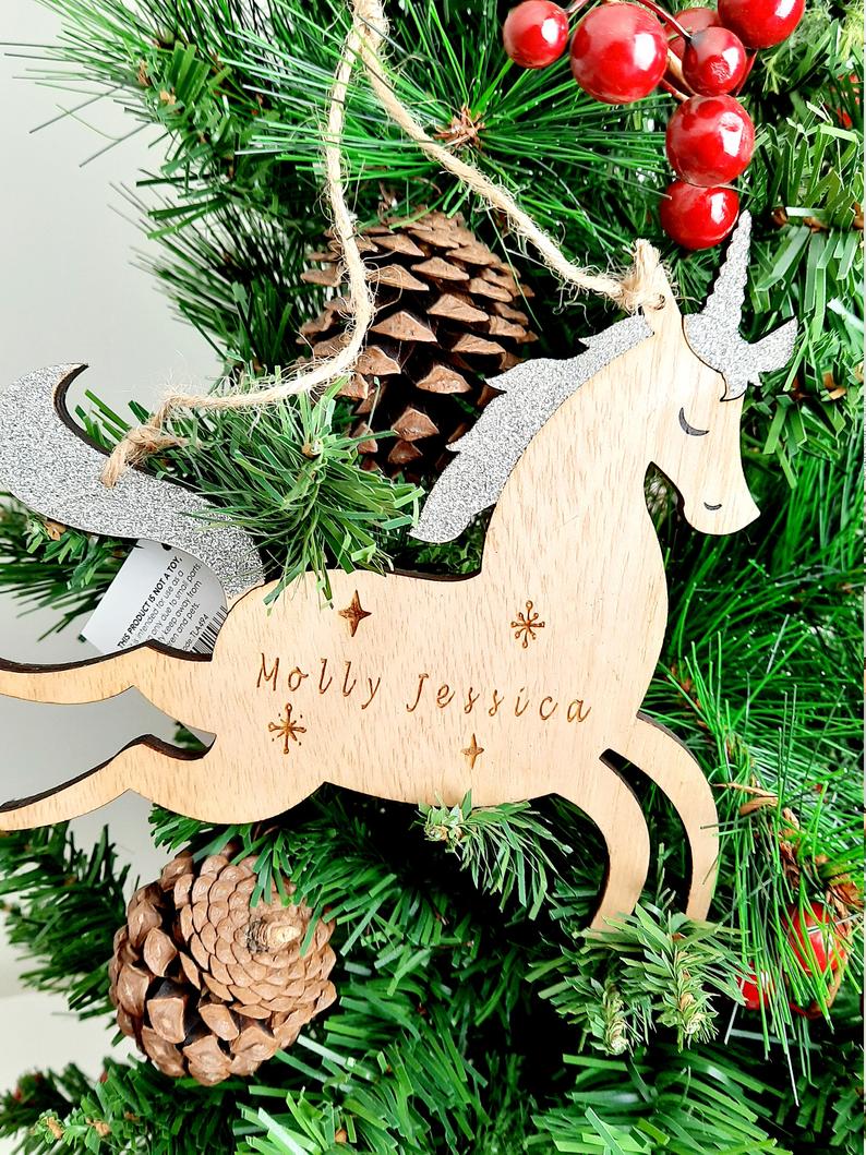 Engraved Personalised Unicorn Christmas Tree Decoration