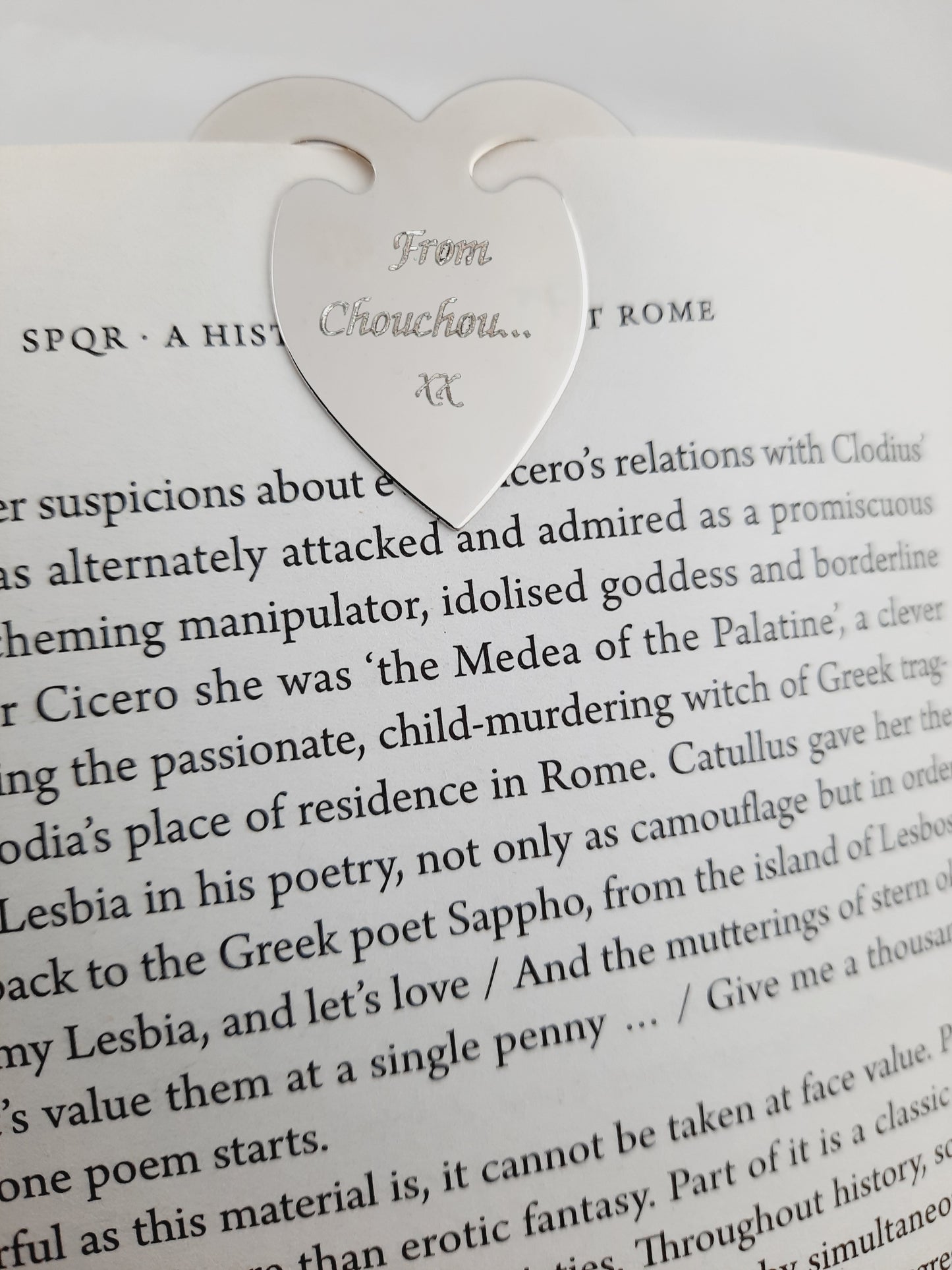 Personalised Engraved Bookmark Love Heart Shaped modern font that says "From Chouchou"
