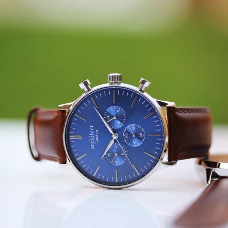 Personalised Engraved Chronograph Men's Watch With Walnut Strap