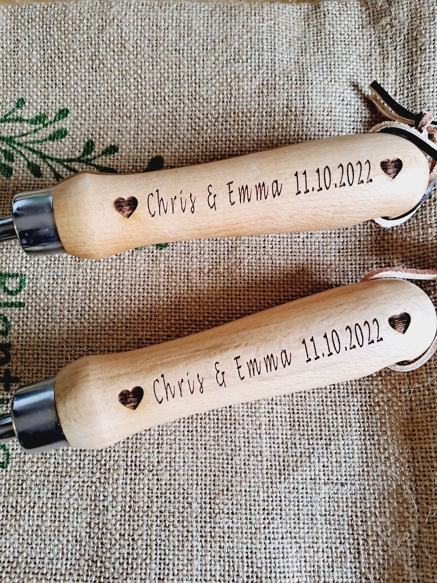 Personalised Garden Tools | Engraved Gardening Gift Set | Trowel, Fork & Dibber with Jute Bag