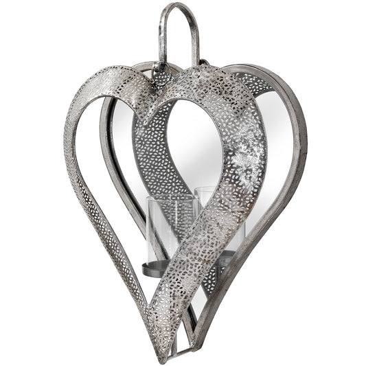 Antique Silver Heart Mirrored Tealight Holder