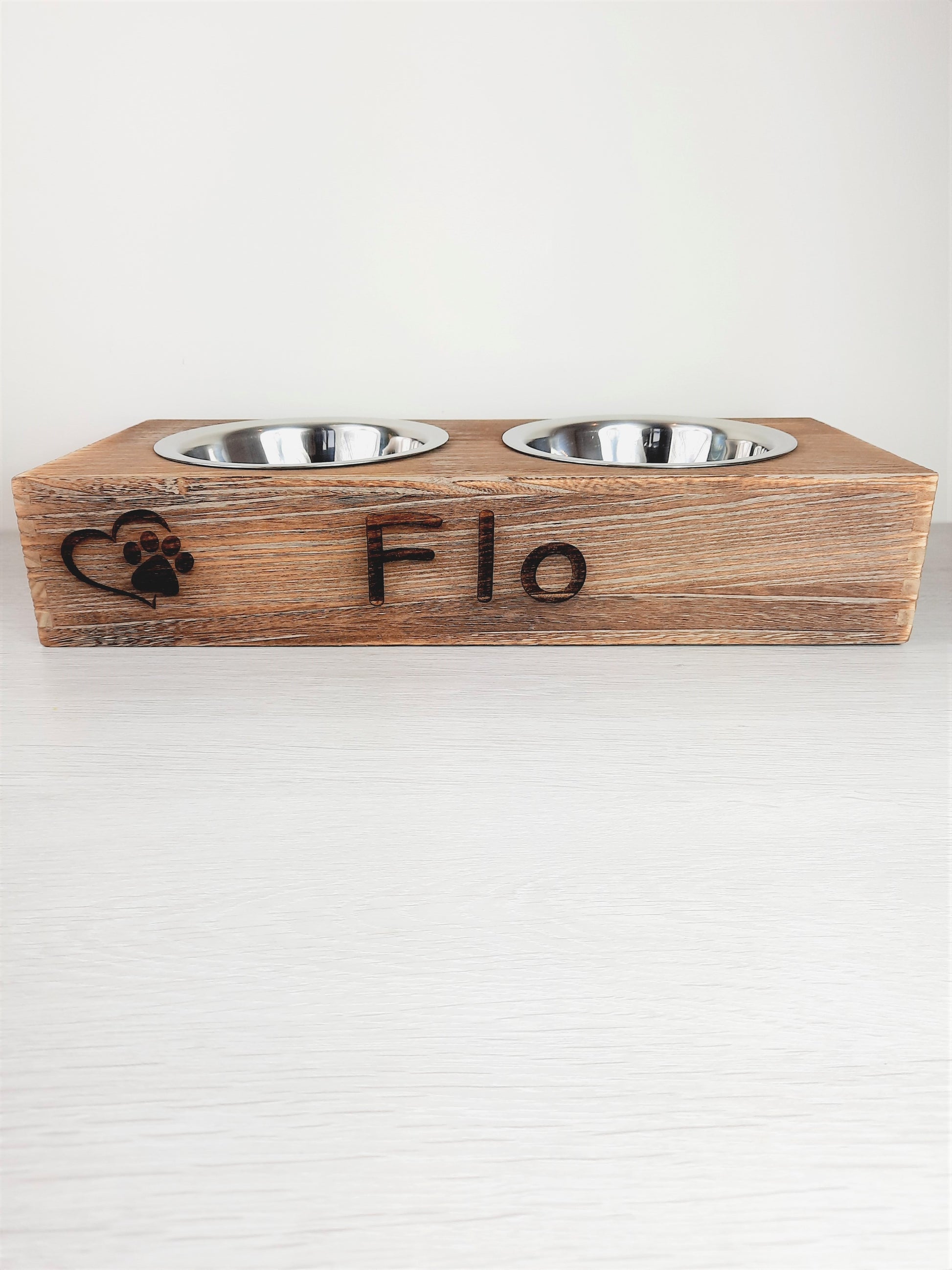 Personalised Pet Bowl Feeder Bamboo Wood with engraved paw with heart icon and pet's name "Flo"