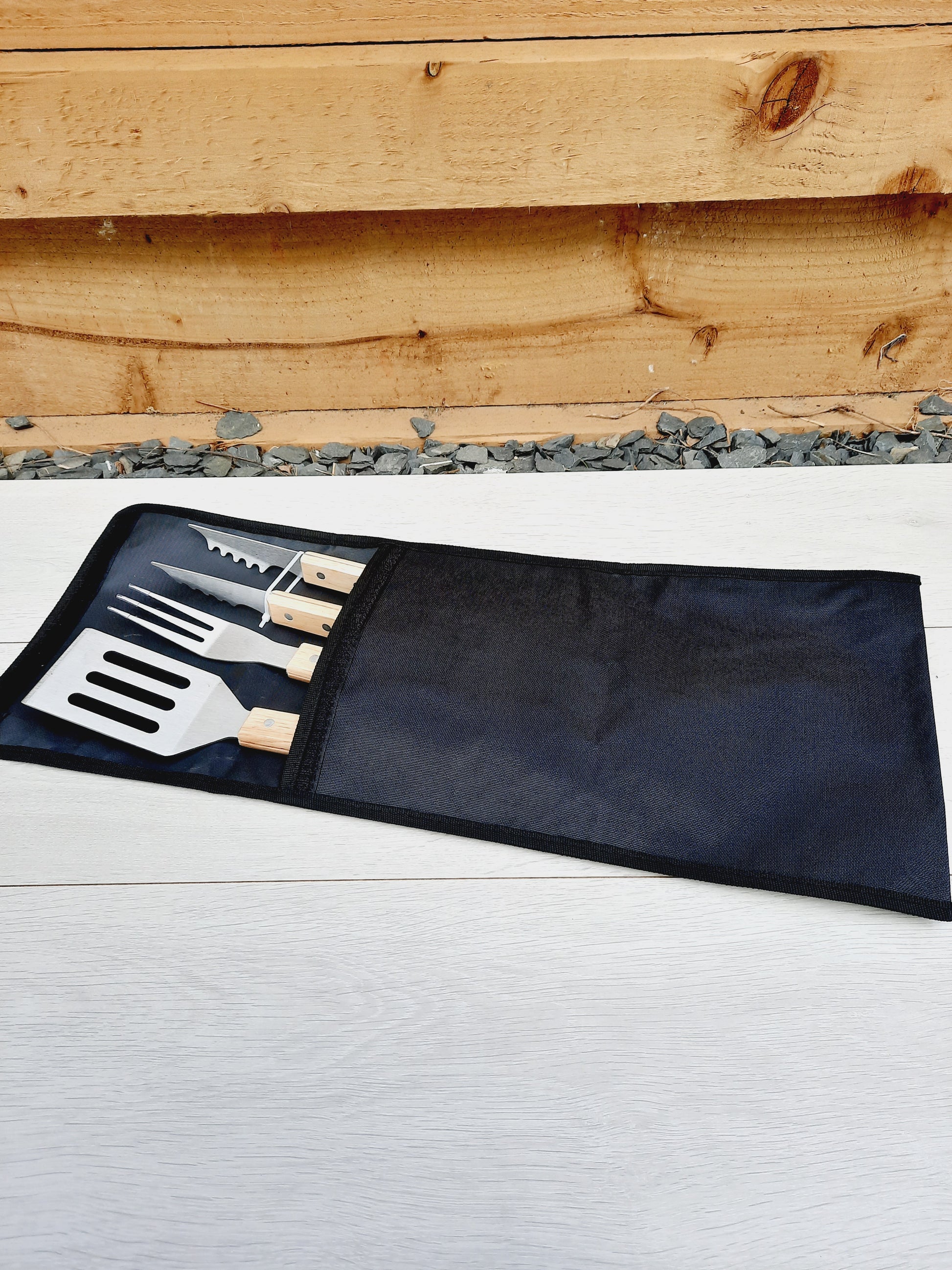 Personalised BBQ Tool Set inside the black canvas bag.