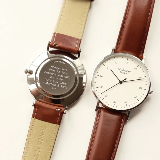 Engraved Men's leather strap watch