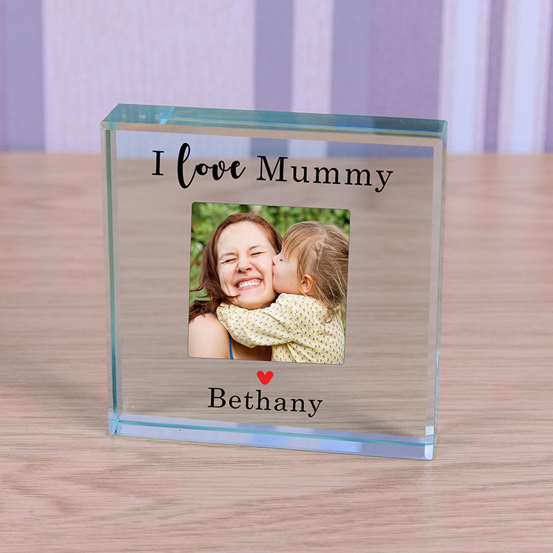 Personalised Engraved Glass Token Photo Frame that says "I love Mummy (red heart shaped) Bethany".