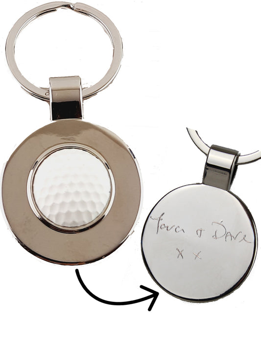 Personalised Golf Lover Keyring with engraved handwriting that says "Tara & Dave xx" on the back.