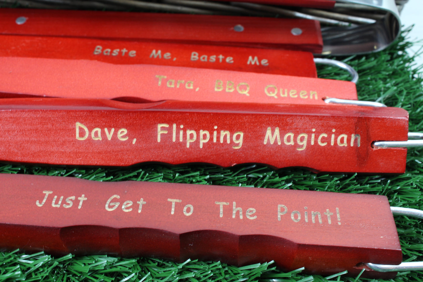 5 Wooden handled personalised barbecue tool that says "Baste Me, Baste Me" "Tara, BBQ Queen" "Dave, Flipping Magician" "Just Get To The Point"