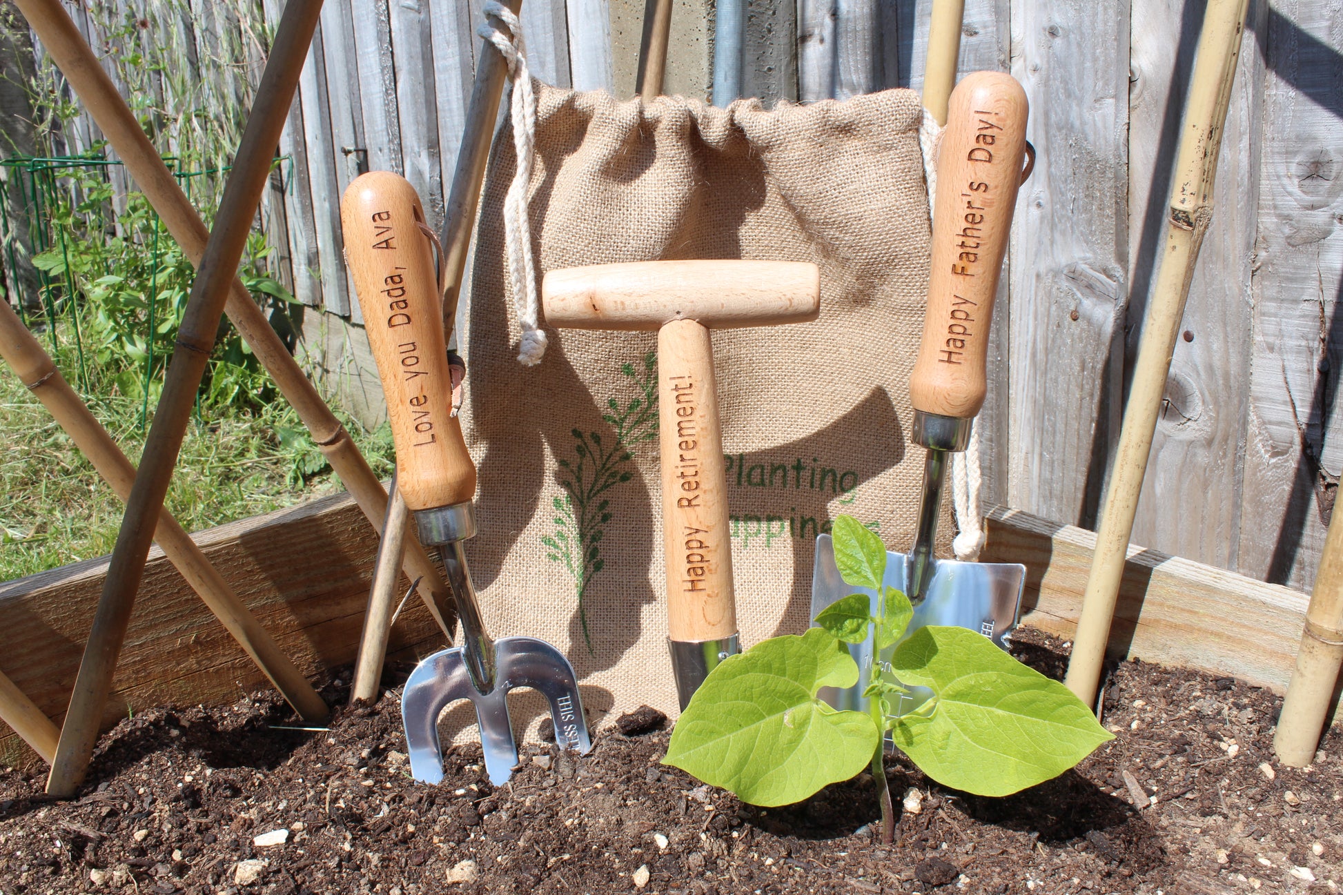 personalised garden trowel Personalised Garden Tools Gift Set Trowel Fork Dibber Jute Bag