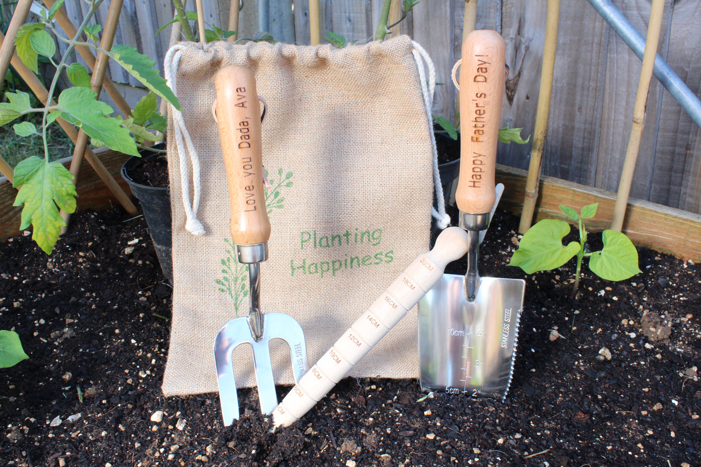 Closer shot of personalised garden tools/