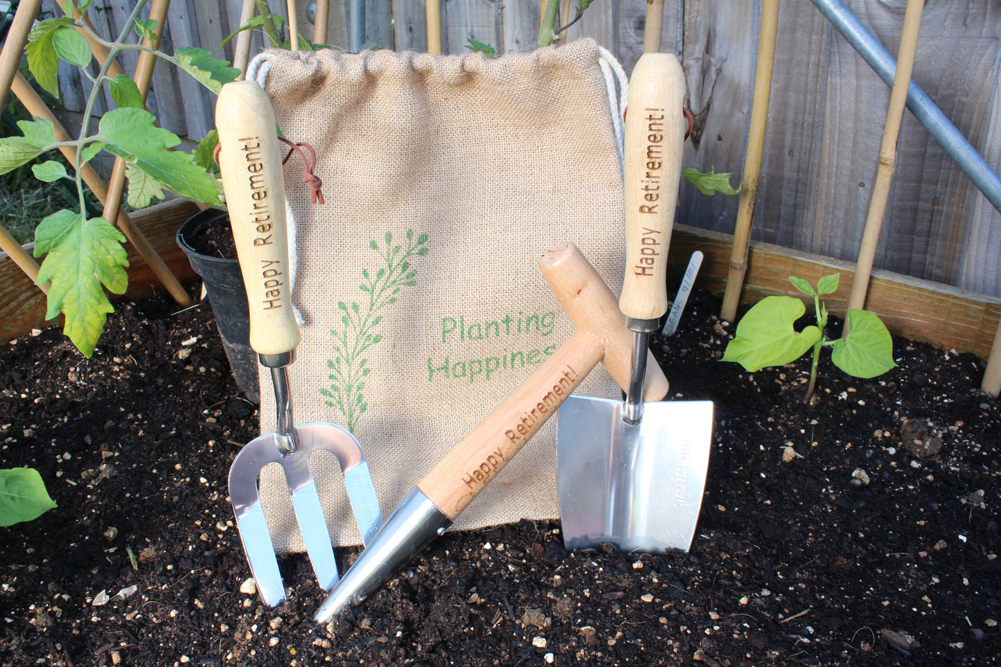 Personalised Garden Tools | Engraved Gardening Gift Set | Trowel, Fork, Dibber & Jute Bag Set