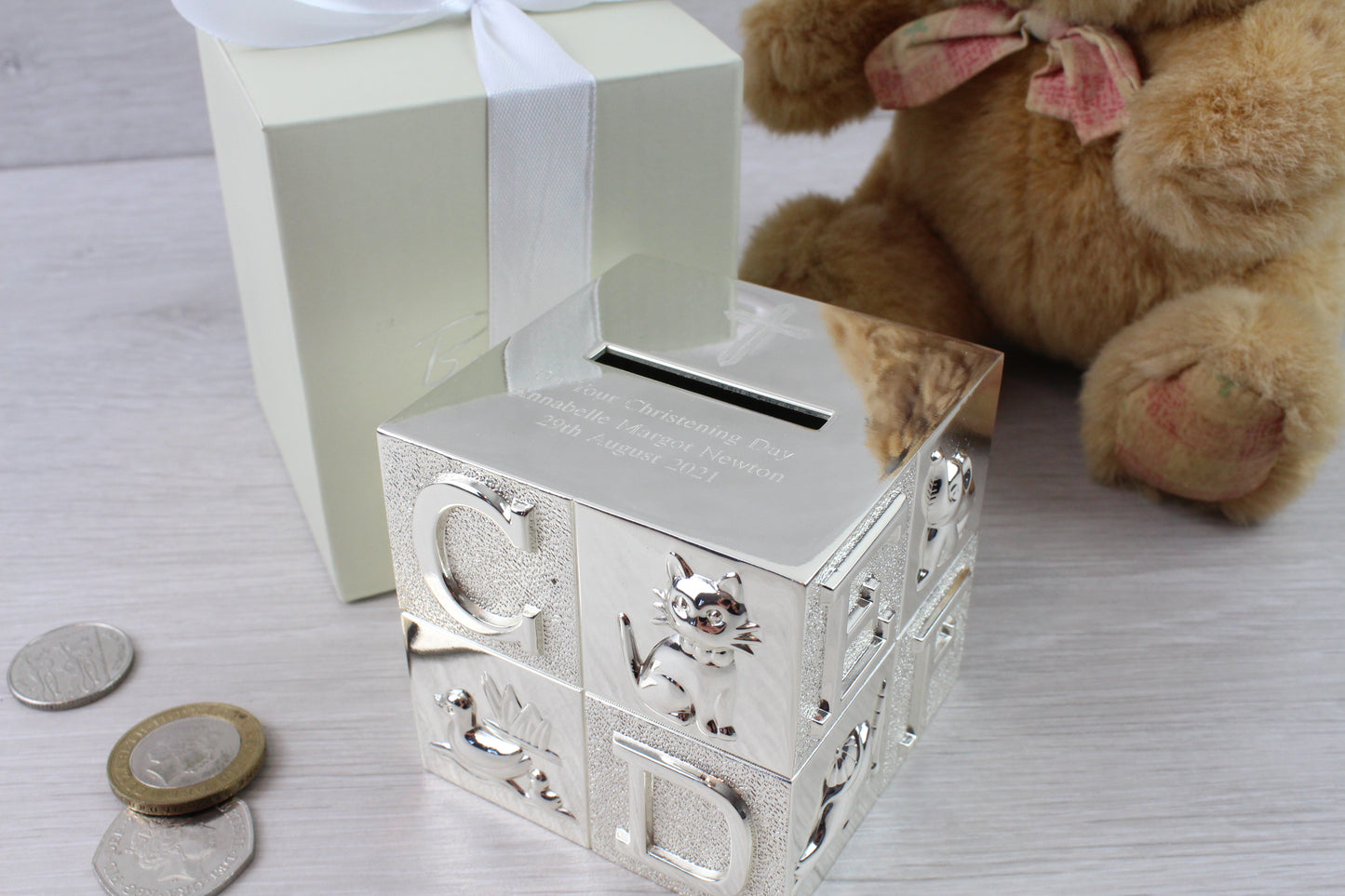 Engraved silver ABC and animal money box
