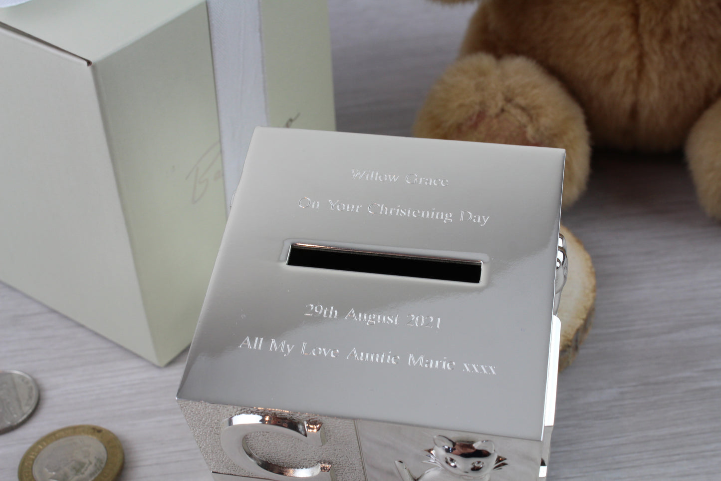 Personalised silver plated moneybox