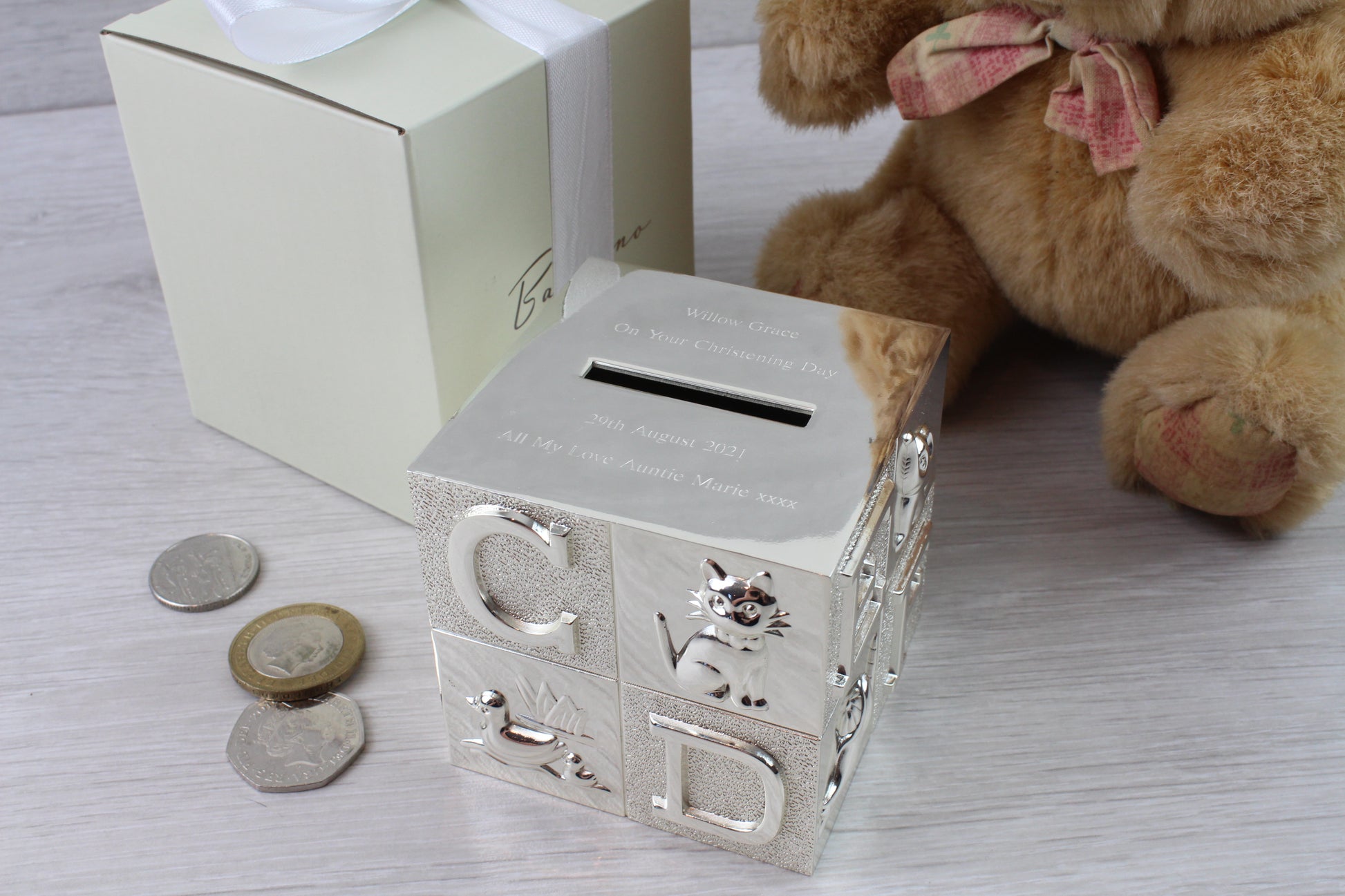 Silver ABC money box with gift box and ribbon