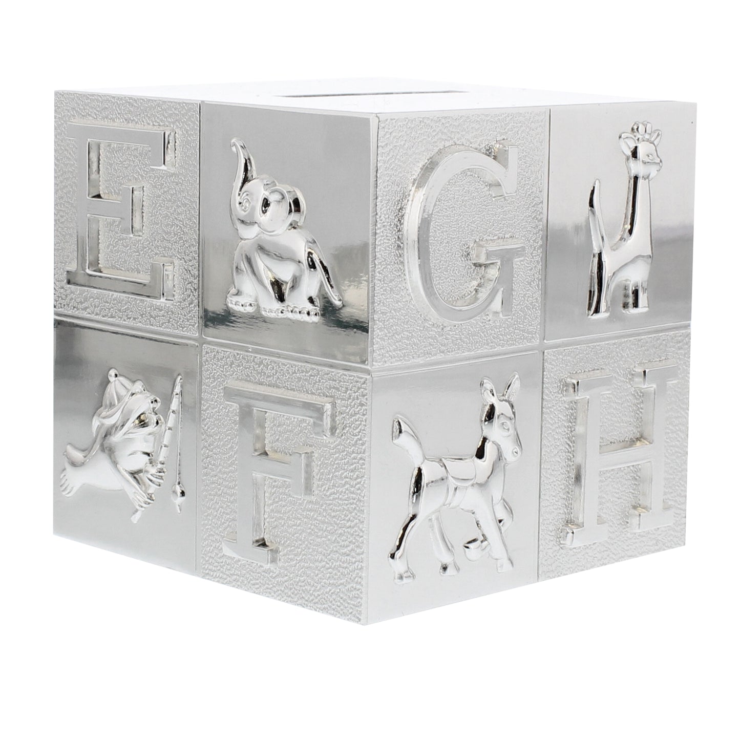 Close up of two sides of silver money box showing alphabet and animal characters