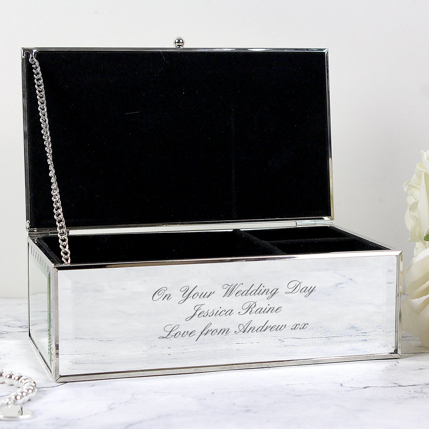 Personalised Gift Mirrored Jewellery Box Engraved with your message, Wedding Day, Valentines or Mother's Day Gift