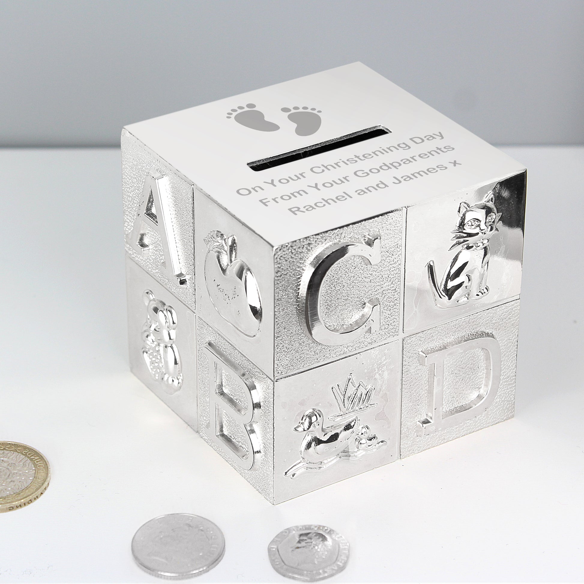 Personalised silver ABC engraved footprint money box
