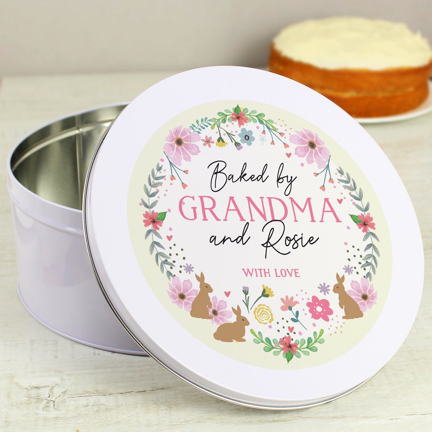 Personalised Floral Cake Tin that says "Baked by GRANDMA and Rosie WITH LOVE"