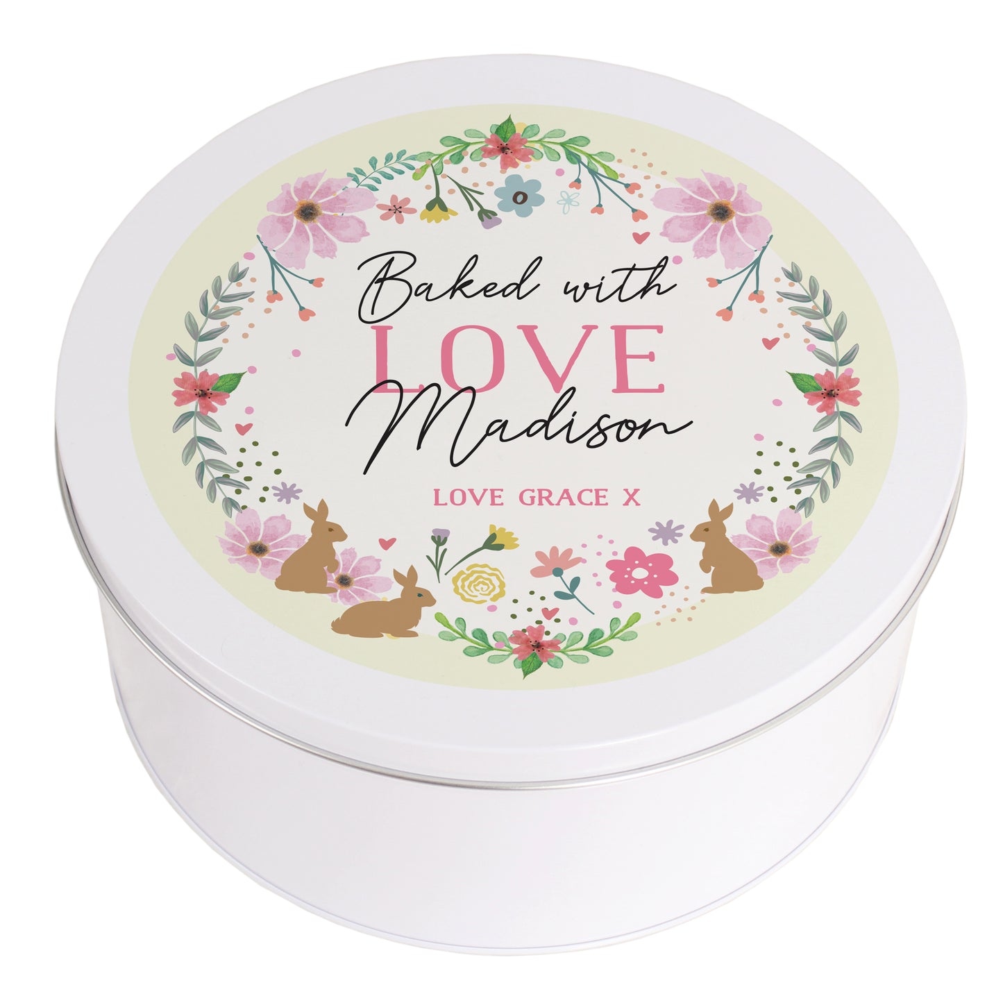 Personalised Floral Cake Tin that says "Bake with LOVE Madison LOVE GRACE X"