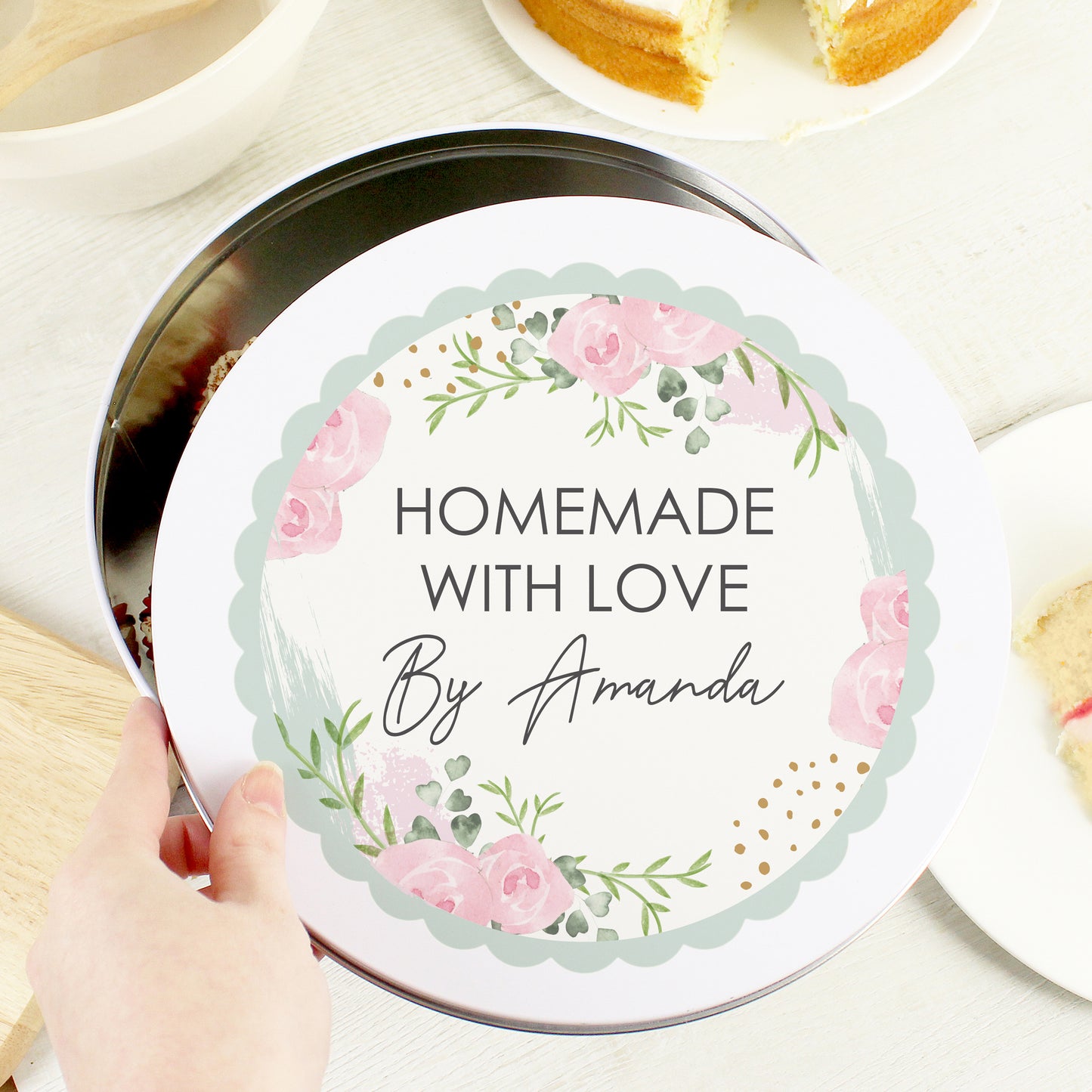 Personalised Floral Cake Tin that says "HOMEMADE WITH LOVE By Amanda"