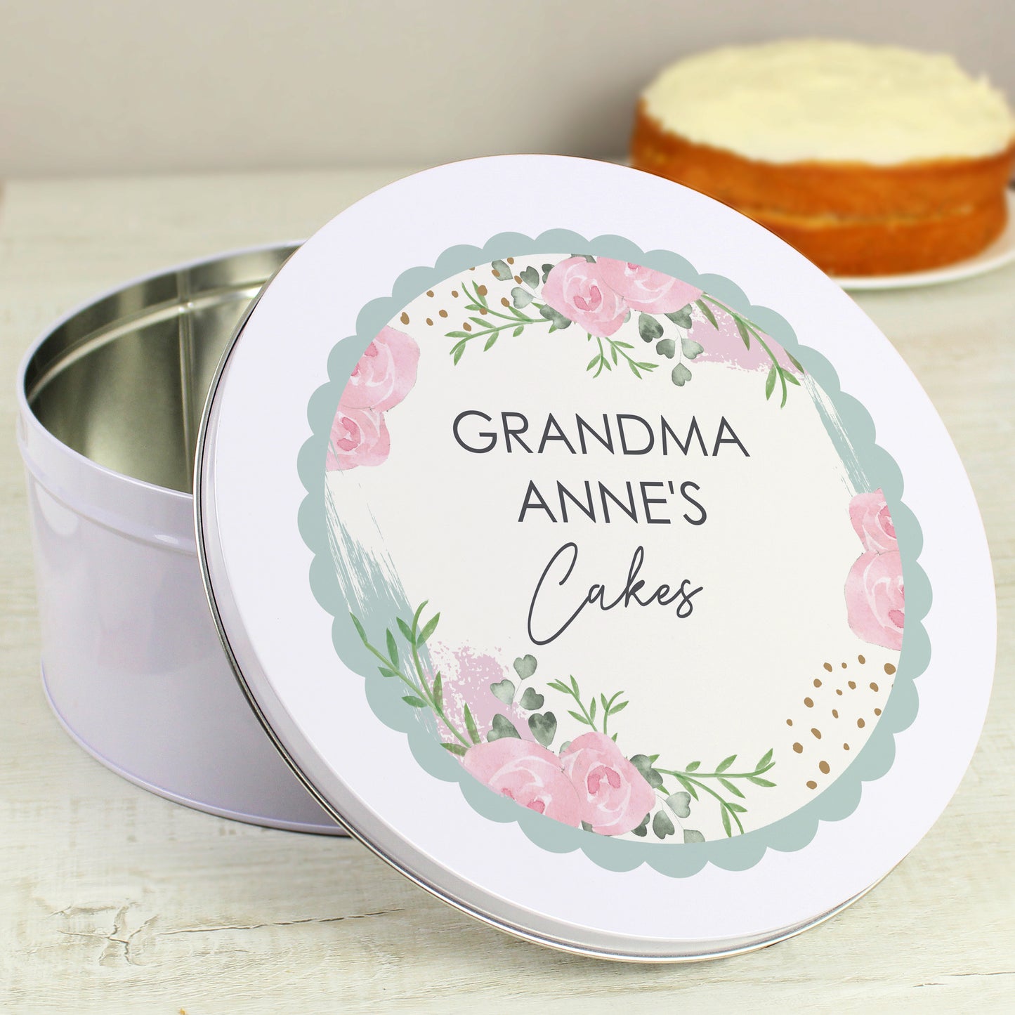 Personalised Floral Cake Tin that says "GRANDMA ANNE'S Cakes"