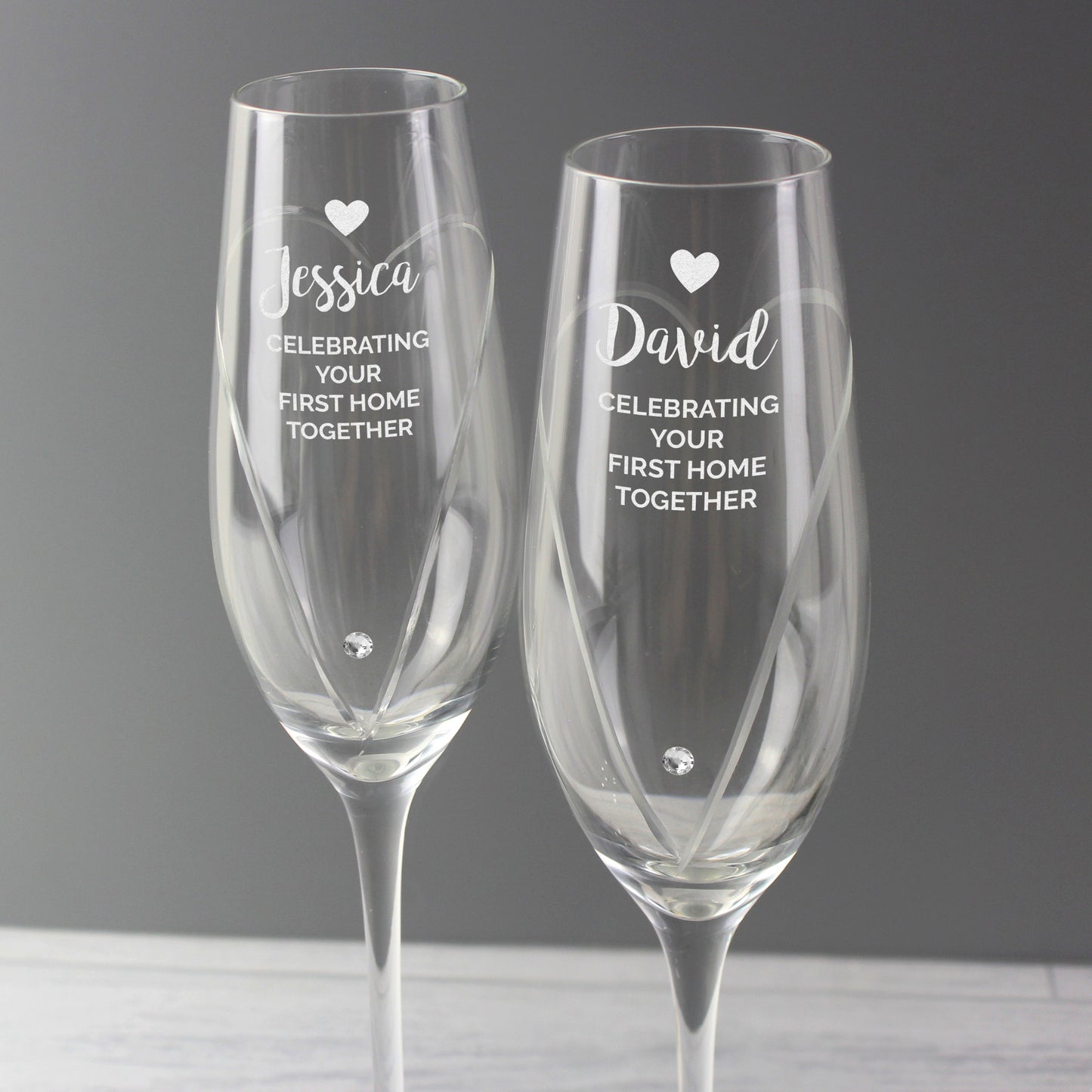 Personalised Hand Cut Heart Celebration Flutes with Diamante