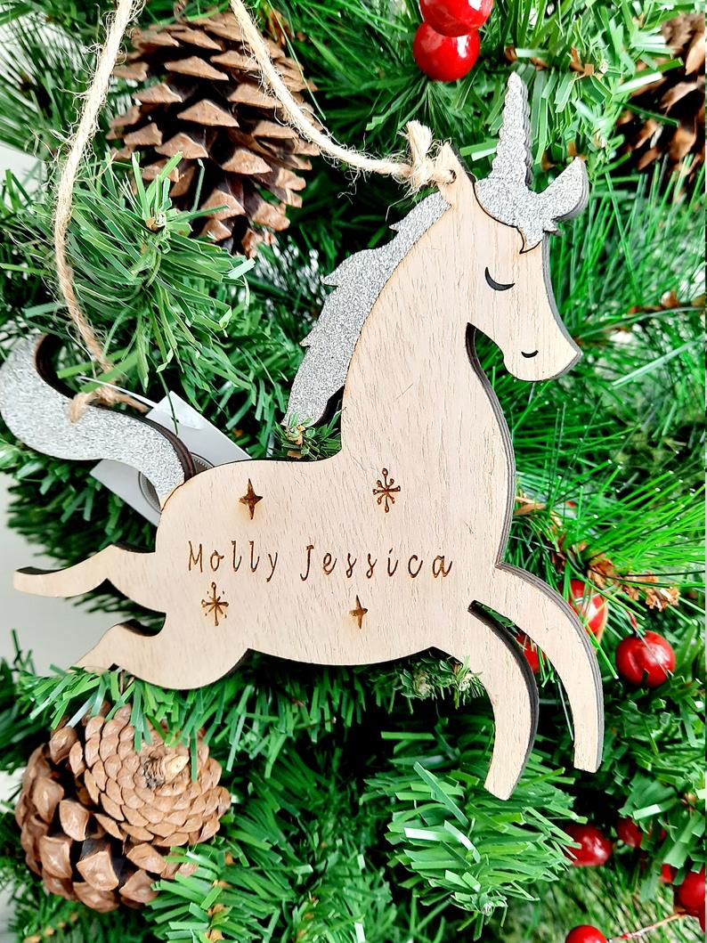 Engraved Personalised Unicorn Christmas Tree Decoration