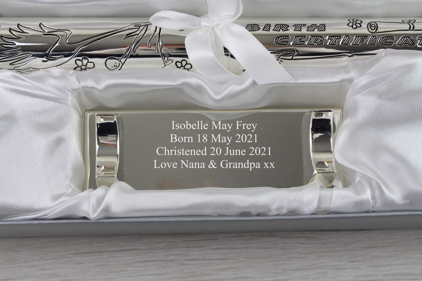 Engraved Personalised Birth Certificate Holder with Stand - Silver Plated