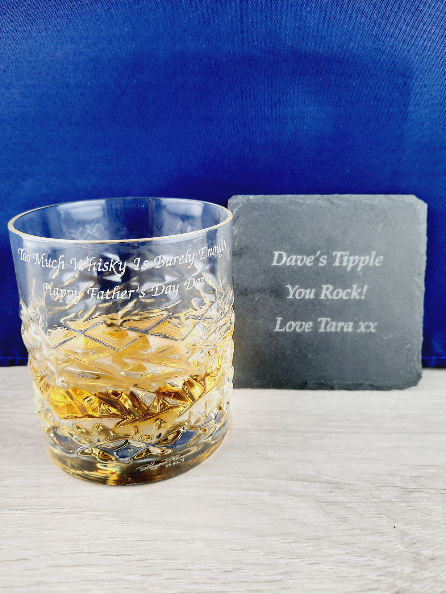 Personalised Engraved Whisky Glass & Coaster Gift Set, Crystal Cut Whisky Glass