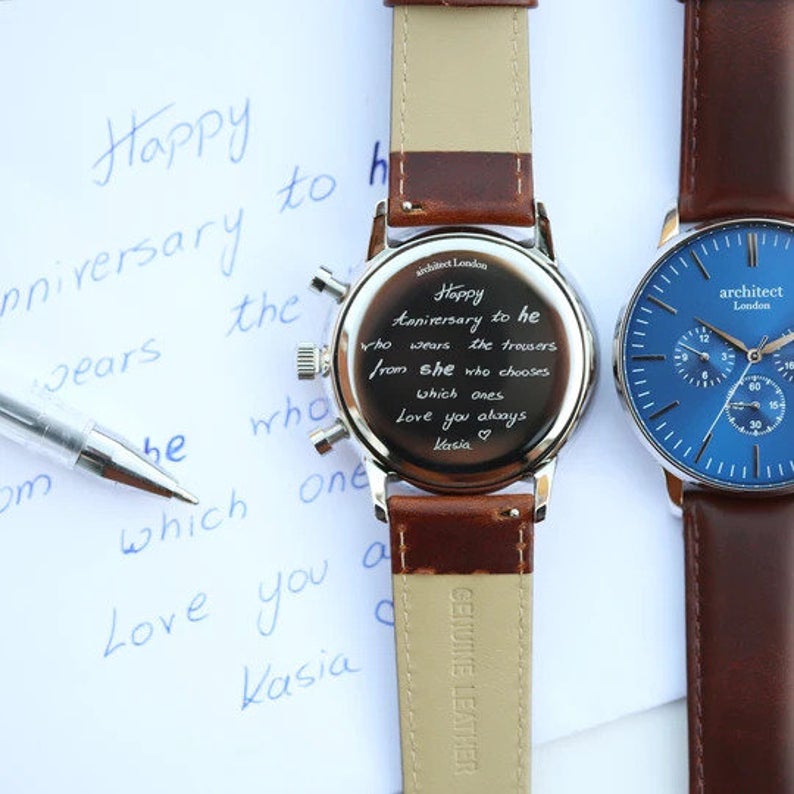 Own Handwriting Engraved Men's Watch With Walnut Strap