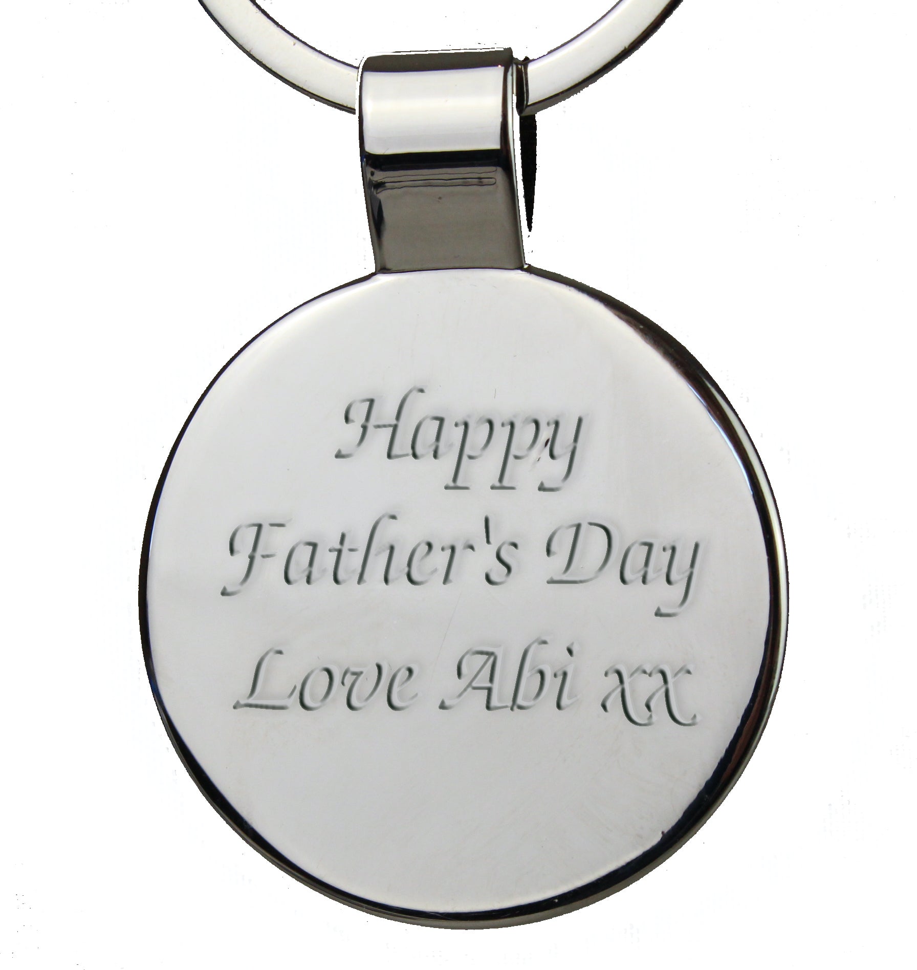 Close up shot of engraved modern font that says "Happy Father's Day Love Abi xx" on the back of golf keyring.